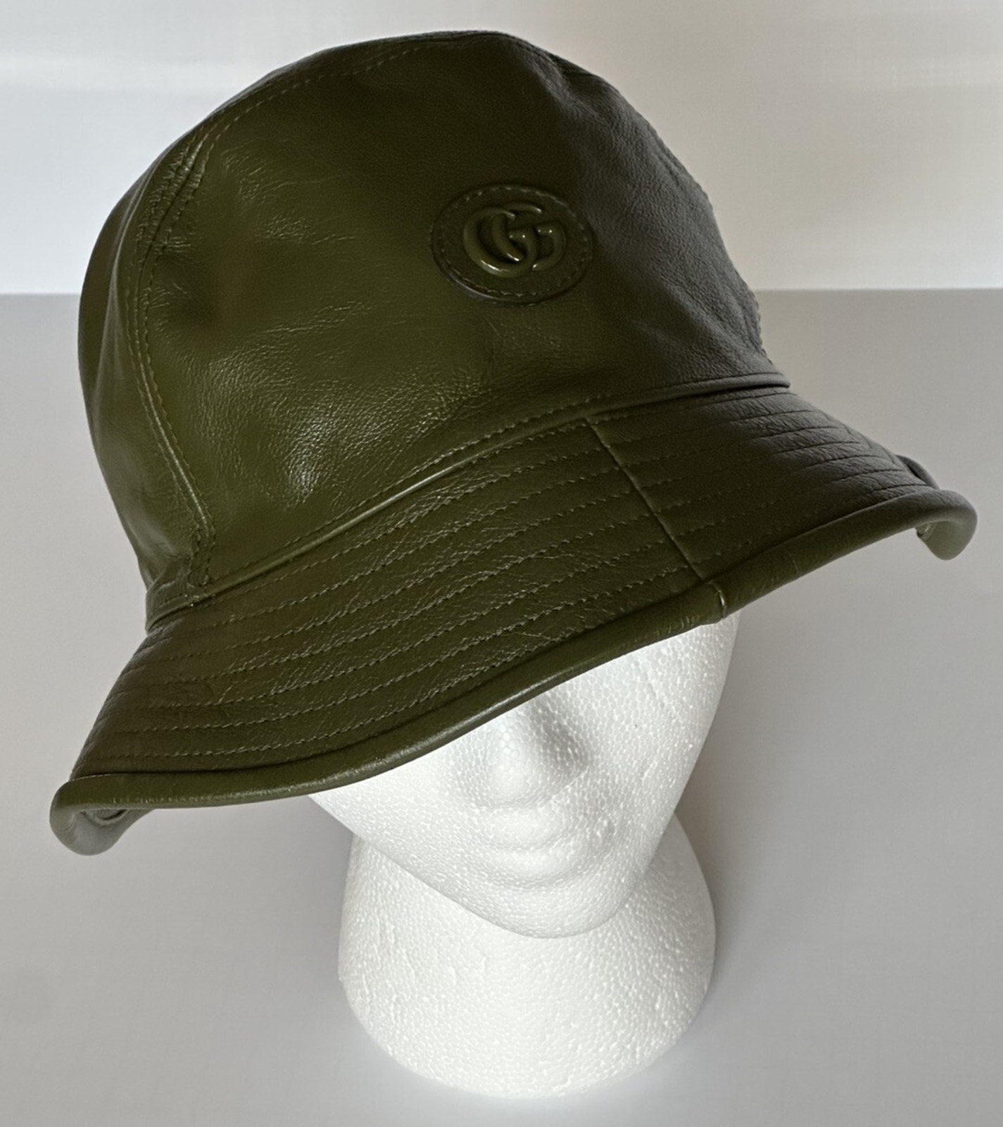 Gucci Gg Leather Dark Green Bucket Hat Made In Italy Small (57 Cm) 727239 Nwt